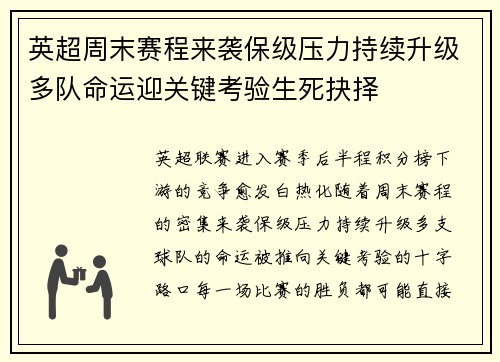 英超周末赛程来袭保级压力持续升级多队命运迎关键考验生死抉择